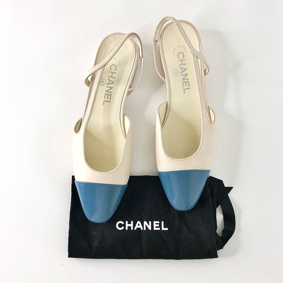 Chanel CC Logo Calfskin Cap Toe Two Tone Slingback Low Heeled Pumps 38 - Picture 1 of 15